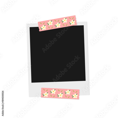 isolated blank instant photo frame paper with floral washi tapes