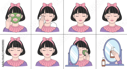 Cute skincare routine illustration set showing facial cleansing, mask application, moisturizing, and beauty steps with a girl character, perfect for self-care, cosmetics, and wellness vector projects.