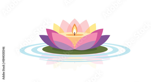 Graceful lotus flower illustration with a candle flame floating on tranquil water
