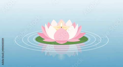 Aesthetic floating lotus flower with candle radiating peace and serenity on rippling water surface