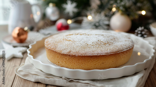 Festive cake dusted with powdered sugar on white serving dish  