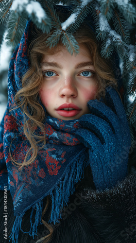 Young woman in winter attire standing among snowy pine trees  
