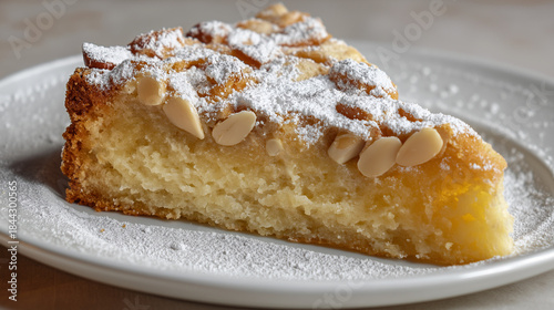 Epiphany cake slice. Slice of cake with almond topping and powdered sugar on white plate  