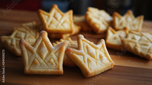 epiphany crown cookies. Crown-shaped cookies arranged on wooden board in natural light  