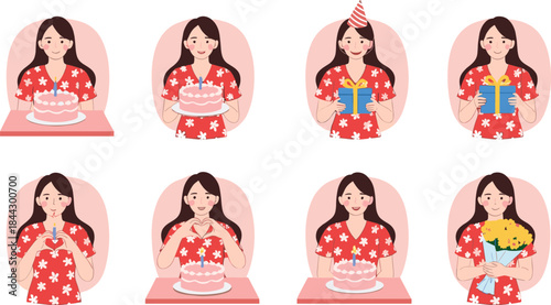 Cute birthday celebration illustration set featuring a girl with cake, gifts, flowers, party hat, and joyful expressions, perfect for festive, greeting card, and event vector design projects.