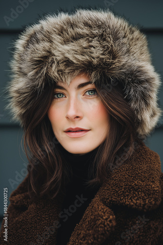 Young woman wearing a fur hat with a neutral expression outdoors  