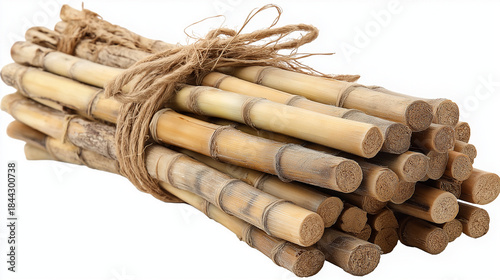 Bundle of bamboo sticks tied with rope on white background  