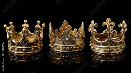Three vintage gold crowns displayed on a reflective black background. Epiphany three gold crowns  