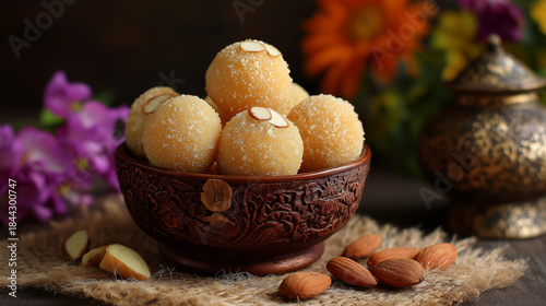Til ladoo sweets. Sweet round Indian desserts in decorative bowl with almonds and flowers  