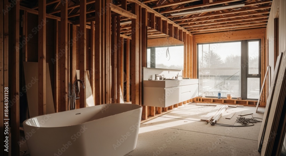 Fototapeta premium Bathroom renovation with bathtub and vanity under construction