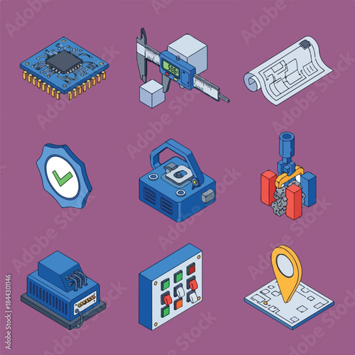 A grid of nine isometric illustrations featuring diverse technological, industrial, and scientific objects on a solid purple background.