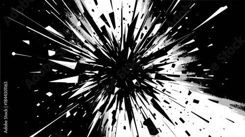 Abstract black and white explosion of geometric shapes radiating from a central dark void.