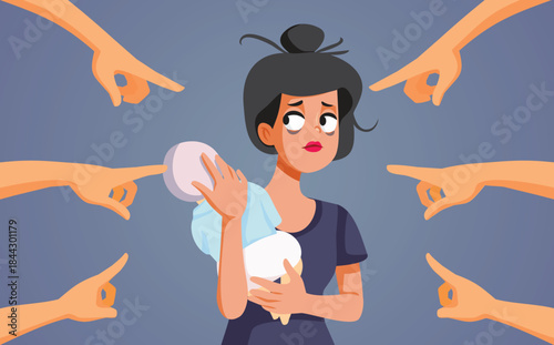 Woman Being Mom Shamed by Critical Crowd Vector Illustration. People criticizing a young exhausted mother struggling 
