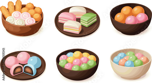 Colorful Asian dessert illustration set featuring mochi, rice cakes, sweet balls, and traditional treats in bowls, perfect for food, culture, and festive vector design projects.