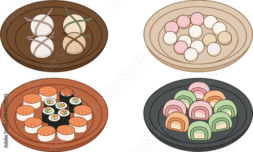 Japanese food illustration set featuring sushi rolls, salmon nigiri, colorful mochi desserts, and rice cake assortments displayed on plates for culinary and cultural vector design projects.