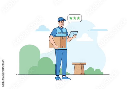 Delivery man with a cardboard box and a smartphone showing a five star rating on a sunny day outside