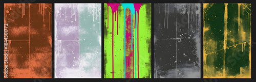 Vertical abstract panels with dripping paint and splatter effects, featuring neon accents, pastel haze, and grunge textures