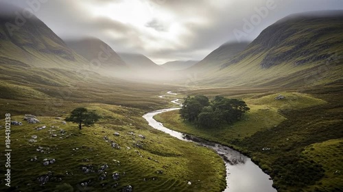 Majestic Scottish Highlands Landscape with Winding River and Misty Mountains Under Dramatic Sky.
