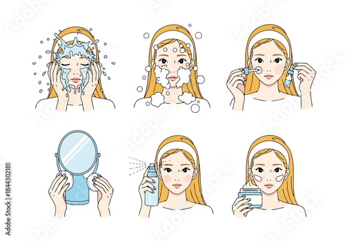 Woman with blonde hair and headband performing skincare routine