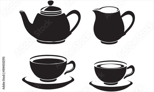 Teapot and Teacup Vector Set – Tea Time Silhouettes, Coffee Cup Icons, and Kettle Illustrations for Café Design .