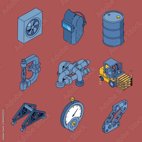 A collection of nine isometric industrial tools and equipment illustrations, including a fan, welding helmet, barrel, clamp, pipes, and forklift.