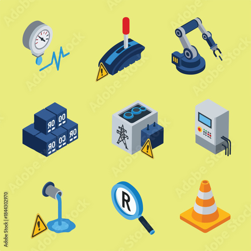 A grid of nine isometric icons depicting industrial equipment, safety warnings, and technological components on a yellow background.