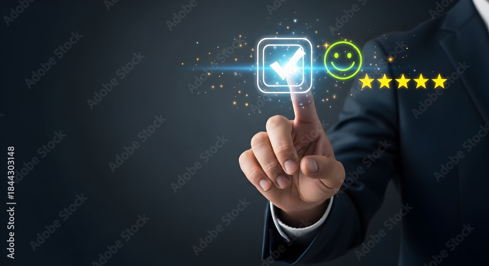 Obraz premium An elegant business professional gives positive feedback on a digital interface, showing success and satisfaction for the company and its product line.