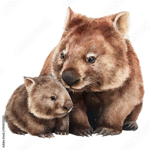 Wombat With Its Baby in watercolor painting style, vector illustration on white background.