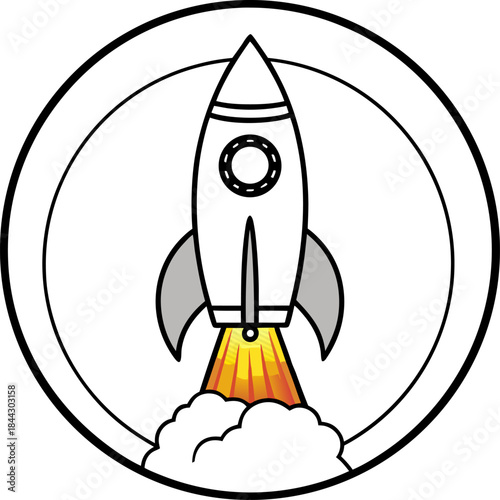 A cartoon illustration of a rocket ship launching against a soft, light-grey circular backdrop. The rocket is primarily yellow with a red fin and nose cone. It features two circular windows and a red 