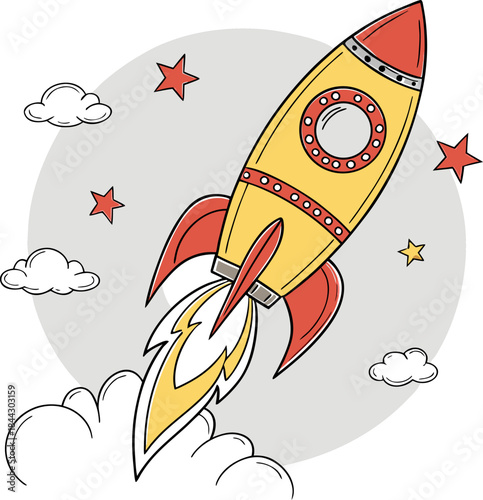 A cartoon illustration of a rocket ship launching against a soft, light-grey circular backdrop. The rocket is primarily yellow with a red fin and nose cone. It features two circular windows and a red 
