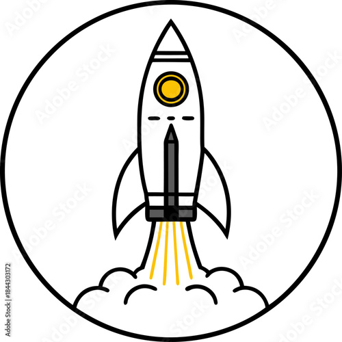 A cartoon illustration of a rocket ship launching against a soft, light-grey circular backdrop. The rocket is primarily yellow with a red fin and nose cone. It features two circular windows and a red 