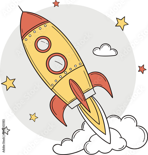 A cartoon illustration of a rocket ship launching against a soft, light-grey circular backdrop. The rocket is primarily yellow with a red fin and nose cone. It features two circular windows and a red 
