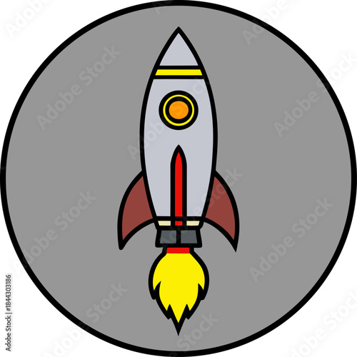 A cartoon illustration of a rocket ship launching against a soft, light-grey circular backdrop. The rocket is primarily yellow with a red fin and nose cone. It features two circular windows and a red 