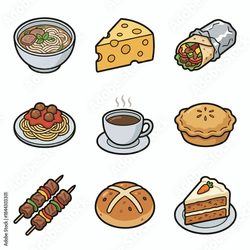 Food Icons Set of Popular International Cuisine Flat Vector Illustration - Pizza, Sushi, Burger, Pasta, Fried Chicken, Taco, Sandwich, Steak, Ramen, Noodles, Dumpling, Croissant, Hotdog, Paella, Curry