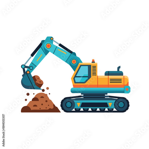 An animated yellow and teal excavator with a bucket full of soil is actively digging a pile of brown earth.