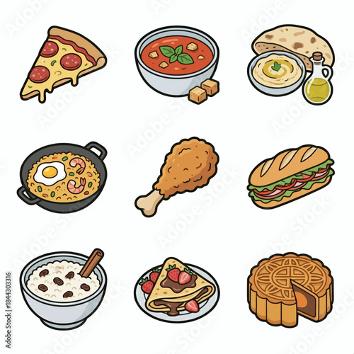 Food Icons Set of Popular International Cuisine Flat Vector Illustration - Pizza, Sushi, Burger, Pasta, Fried Chicken, Taco, Sandwich, Steak, Ramen, Noodles, Dumpling, Croissant, Hotdog, Paella, Curry
