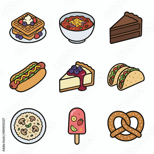Food Icons Set of Popular International Cuisine Flat Vector Illustration - Pizza, Sushi, Burger, Pasta, Fried Chicken, Taco, Sandwich, Steak, Ramen, Noodles, Dumpling, Croissant, Hotdog, Paella, Curry