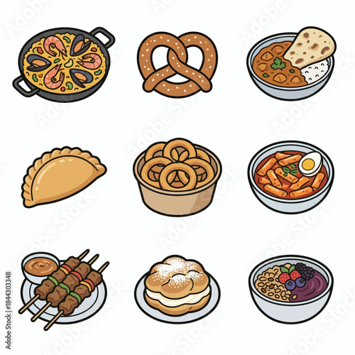 Food Icons Set of Popular International Cuisine Flat Vector Illustration - Pizza, Sushi, Burger, Pasta, Fried Chicken, Taco, Sandwich, Steak, Ramen, Noodles, Dumpling, Croissant, Hotdog, Paella, Curry