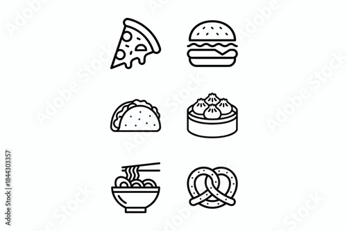 Food Icons Set of Popular International Cuisine Flat Vector Illustration - Pizza, Sushi, Burger, Pasta, Fried Chicken, Taco, Sandwich, Steak, Ramen, Noodles, Dumpling, Croissant, Hotdog, Paella, Curry