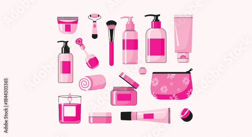Collection of various pink cosmetic products and accessories on a light background