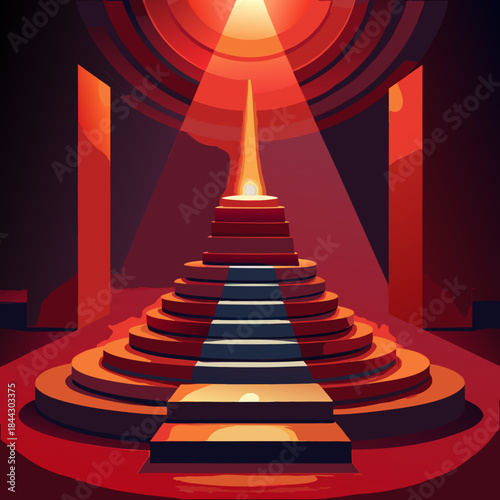 A glowing staircase ascends towards a radiant light source in a dark chamber