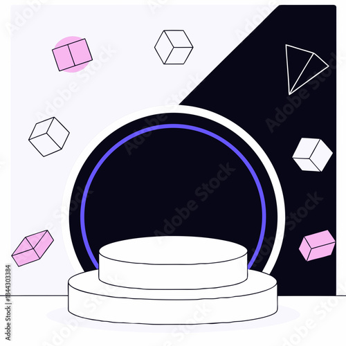 Abstract geometric shapes and a cylindrical platform create a modern presentation scene