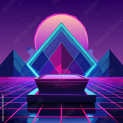 A glowing neon pyramid stands against a vibrant retro wave background