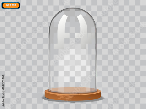 A clear glass dome display case with wooden base isolated on transparent background