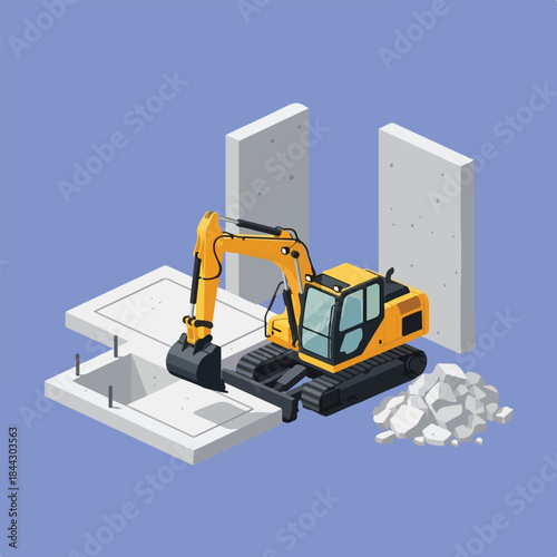 An isometric illustration of a construction site with a yellow excavator, concrete elements, and rubble on a blue background.