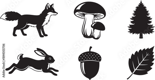 Black silhouette icons of forest animals plants and fungi on a white background rabbit hare