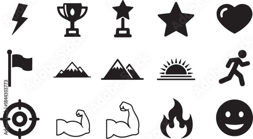 Collection of black icons representing success achievement and fitness on a white background lightning bolt