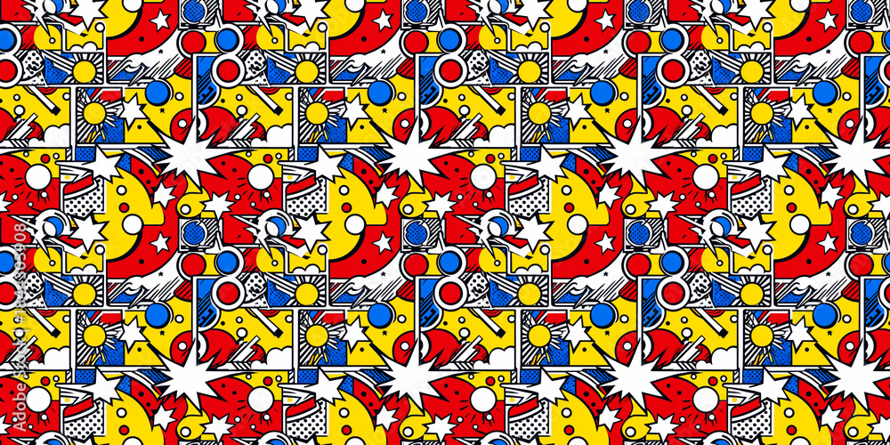 Naklejka premium Chaotic abstract seamless pattern, comic style, bold graphics, colorful pop art, repeating design, textiles, greeting cards, backgrounds