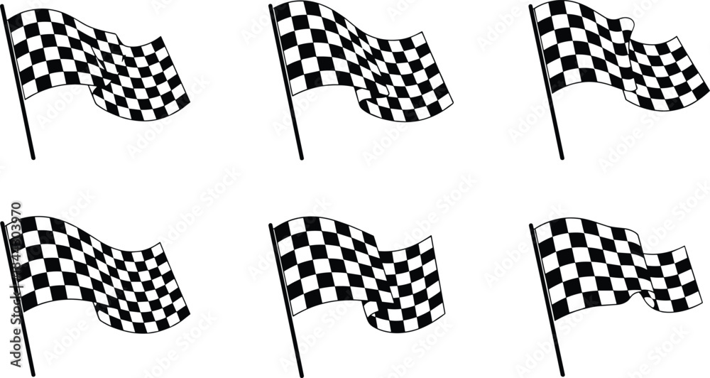 Fototapeta premium Dynamic six-piece graphic illustration depicting the iconic flag symbol of automotive sport, emphasizing high-speed action, competitive energy, and the ultimate moment of crossing the line.