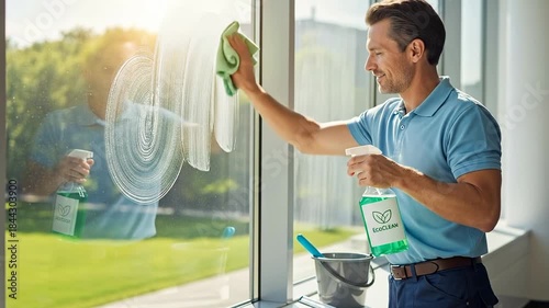Man Cleaning Window with Spray and Cloth for Sparkling Home.